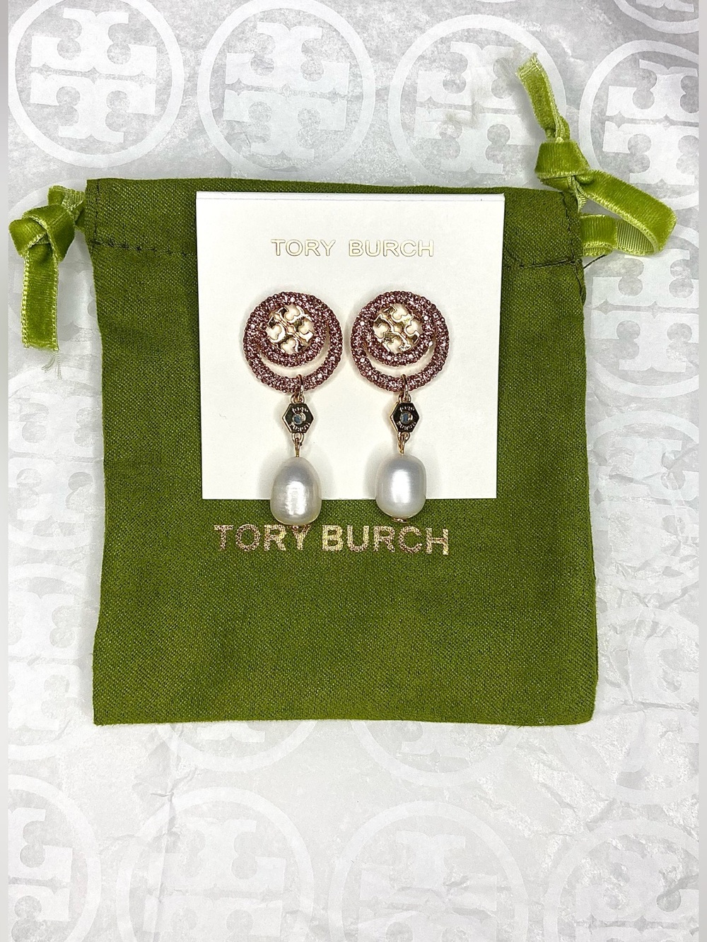 Tory Burch Pink Crystal & Gold Drop Earrings with Pearl Dangles - Picture 2 of 4